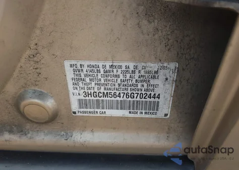 2006 Honda Accord 2.4 Lx from USA, damaged, VIN 3HGCM56476G702444